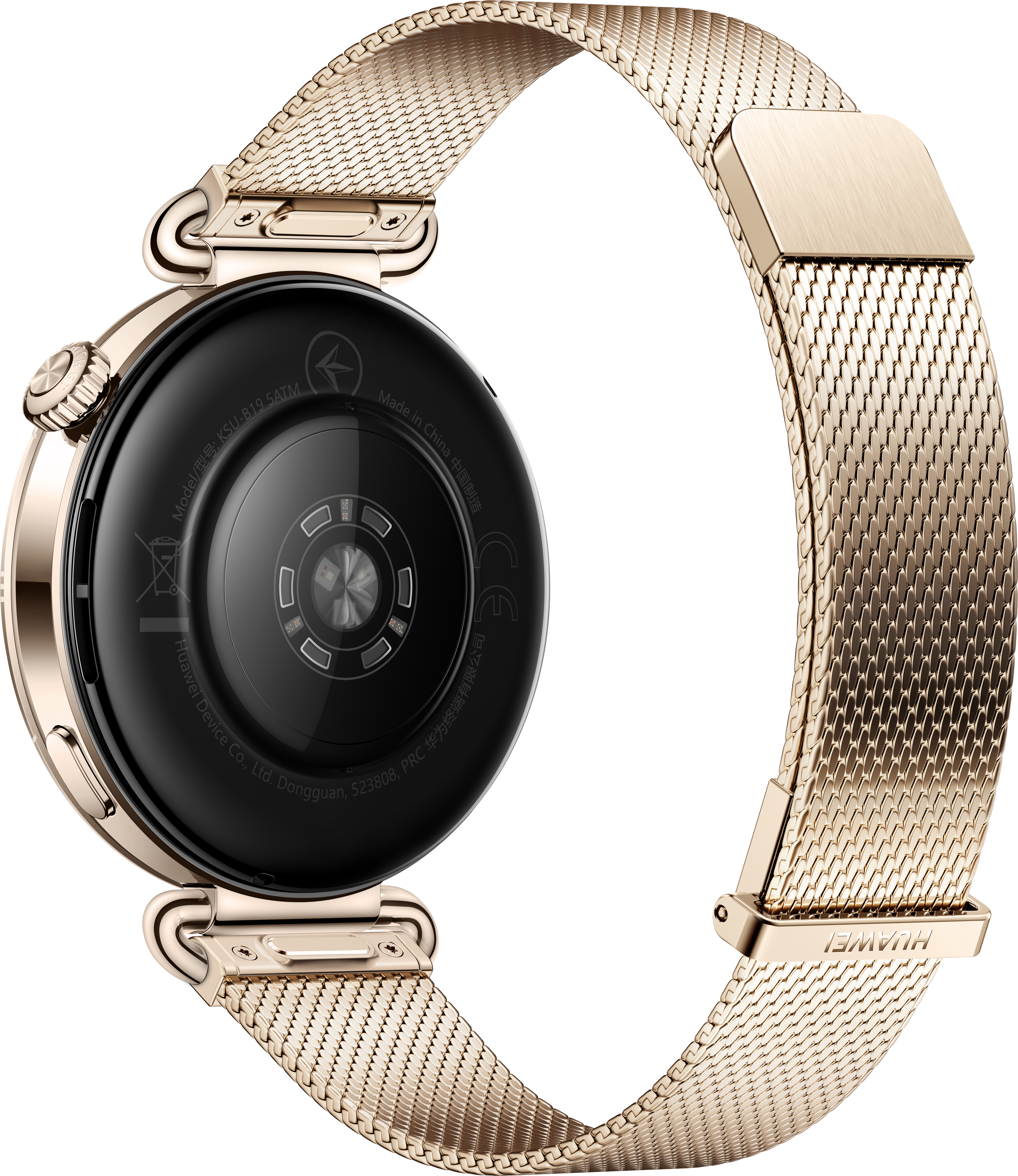 Montre connectée dorée avec bracelet en maille, dos montrant les capteurs et le texte. La montre est inclinée, fond blanc.