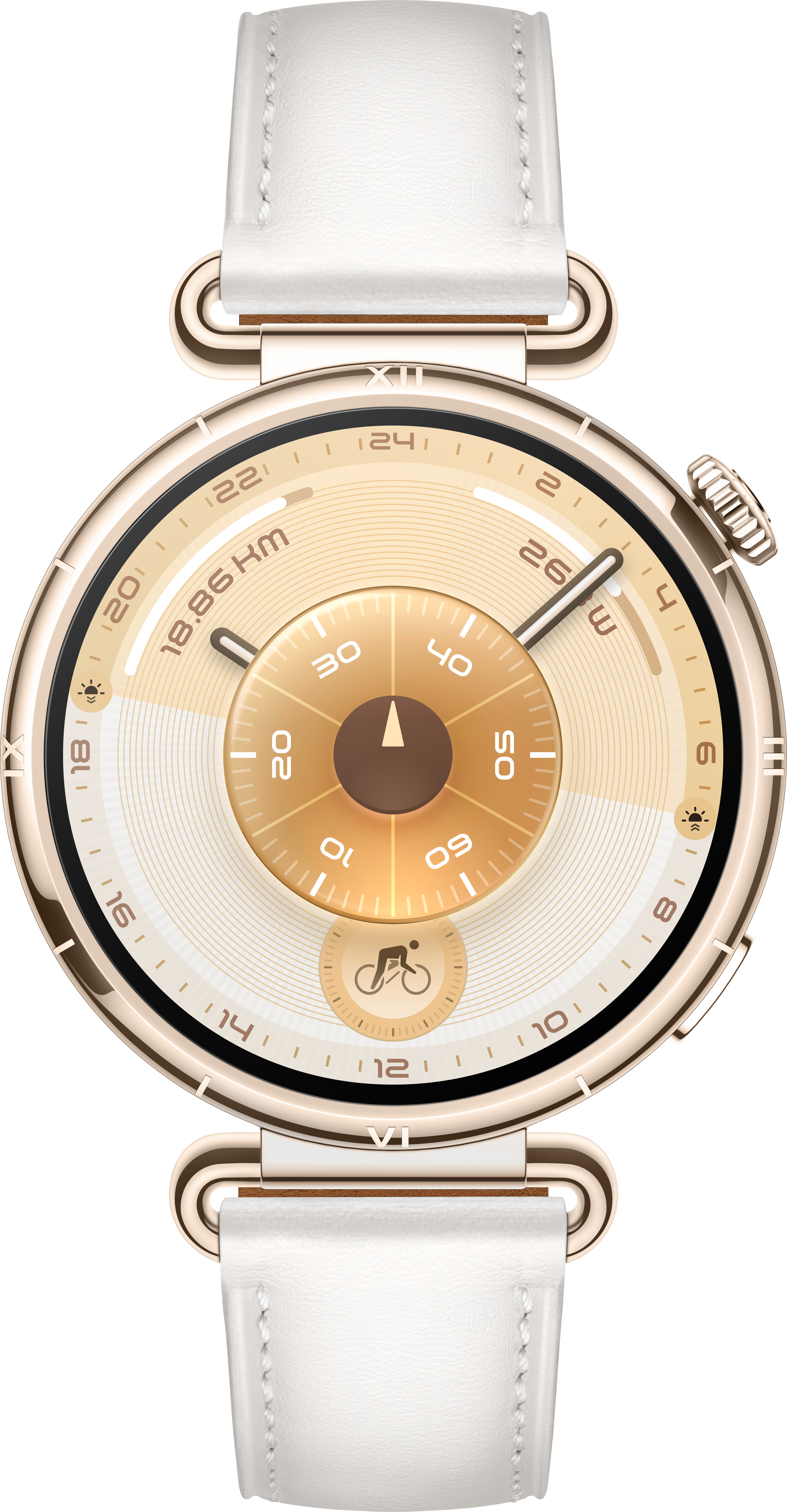 Goldene Smartwatch mit weißem Lederarmband. Das Zifferblatt ist gold und weiß und zeigt Uhrzeit und Aktivitätsverfolgung.
