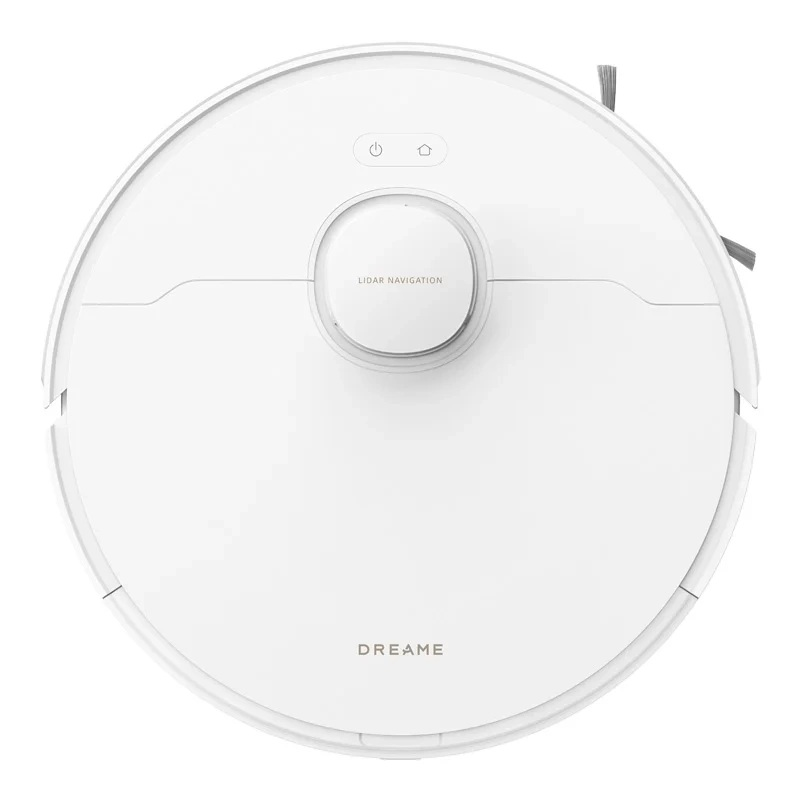 Biały odkurzacz automatyczny. Ma okrągły kształt z centralnym modułem nawigacji LIDAR i napisem DREAME.