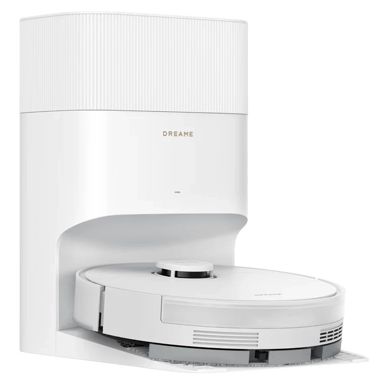 Biały odkurzacz robot Dreame z jego stacją bazową. Baza ma wysoką, białą, prostokątną górną część i zakrzywioną dolną część.