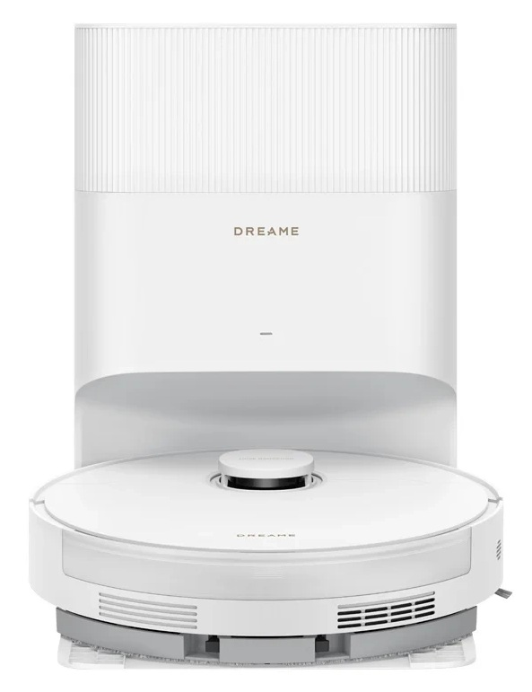 Biały odkurzacz robot z stacją dokującą. Marka to 'DREAME'. Design jest nowoczesny i minimalistyczny.