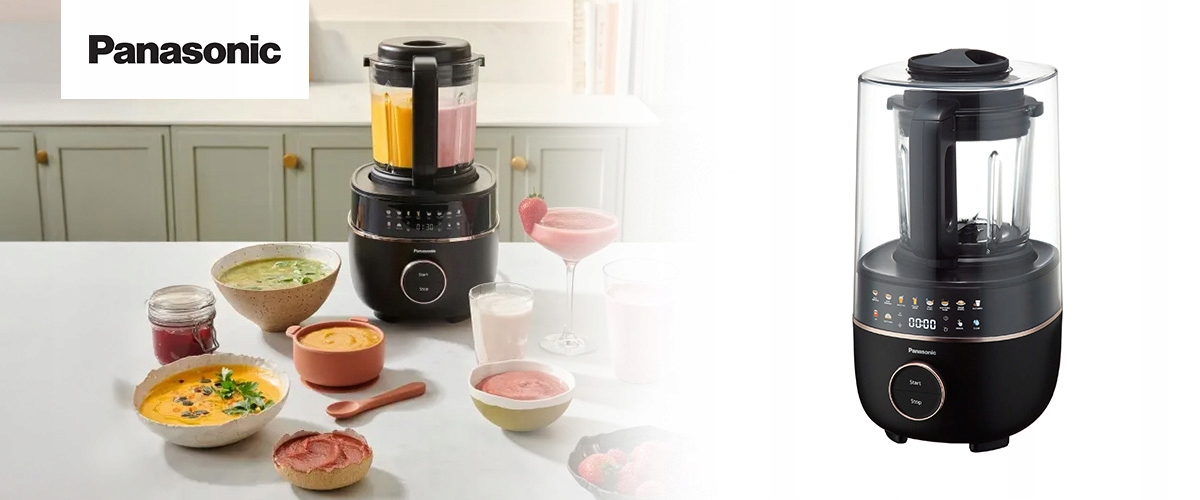 Zdjęcie blendera Panasonic z zupami i koktajlami. Blender jest czarny z przezroczystym pojemnikiem. Są miski z różnymi zupami.