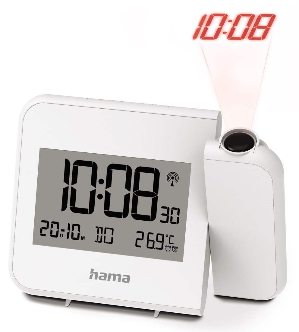 Biały zegar cyfrowy z wyświetlaczem 10:08, z wyświetlanym czasem powyżej. Pokazuje datę, temperaturę i markę Hama.