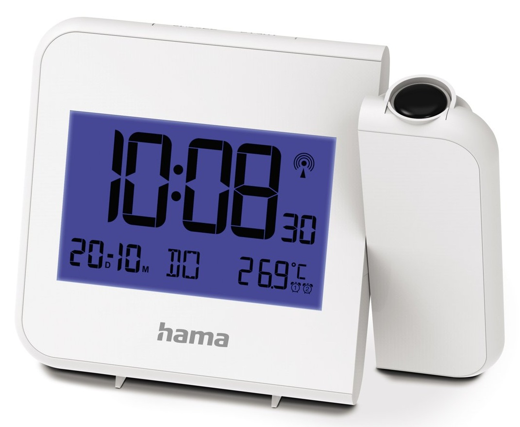 Biały cyfrowy budzik pokazujący godzinę, datę i temperaturę. Dołączony oddzielny biały element. Widoczna marka 'hama'.