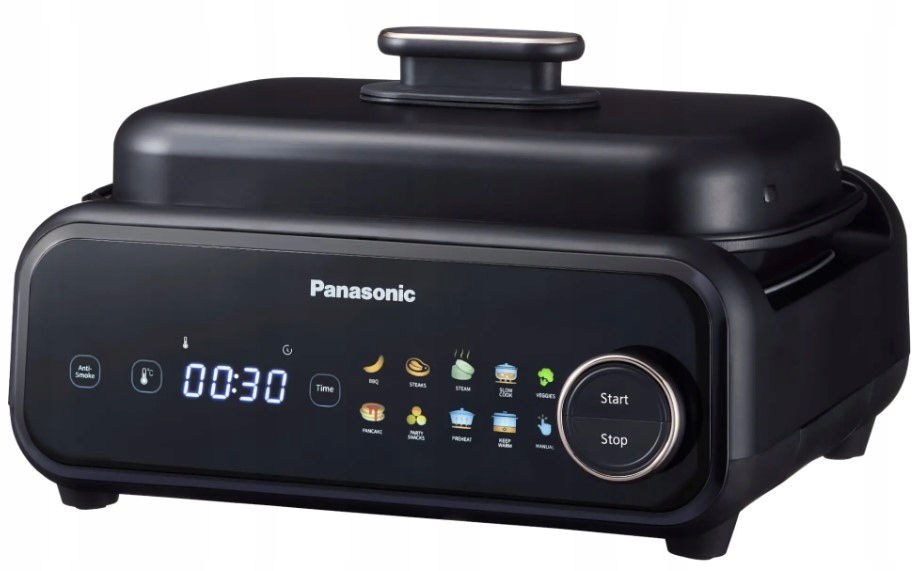 Czarny multicooker Panasonic. Wyświetlacz cyfrowy pokazuje 00:30. Funkcje: BBQ, para i wolne gotowanie. Przyciski Start/Stop.