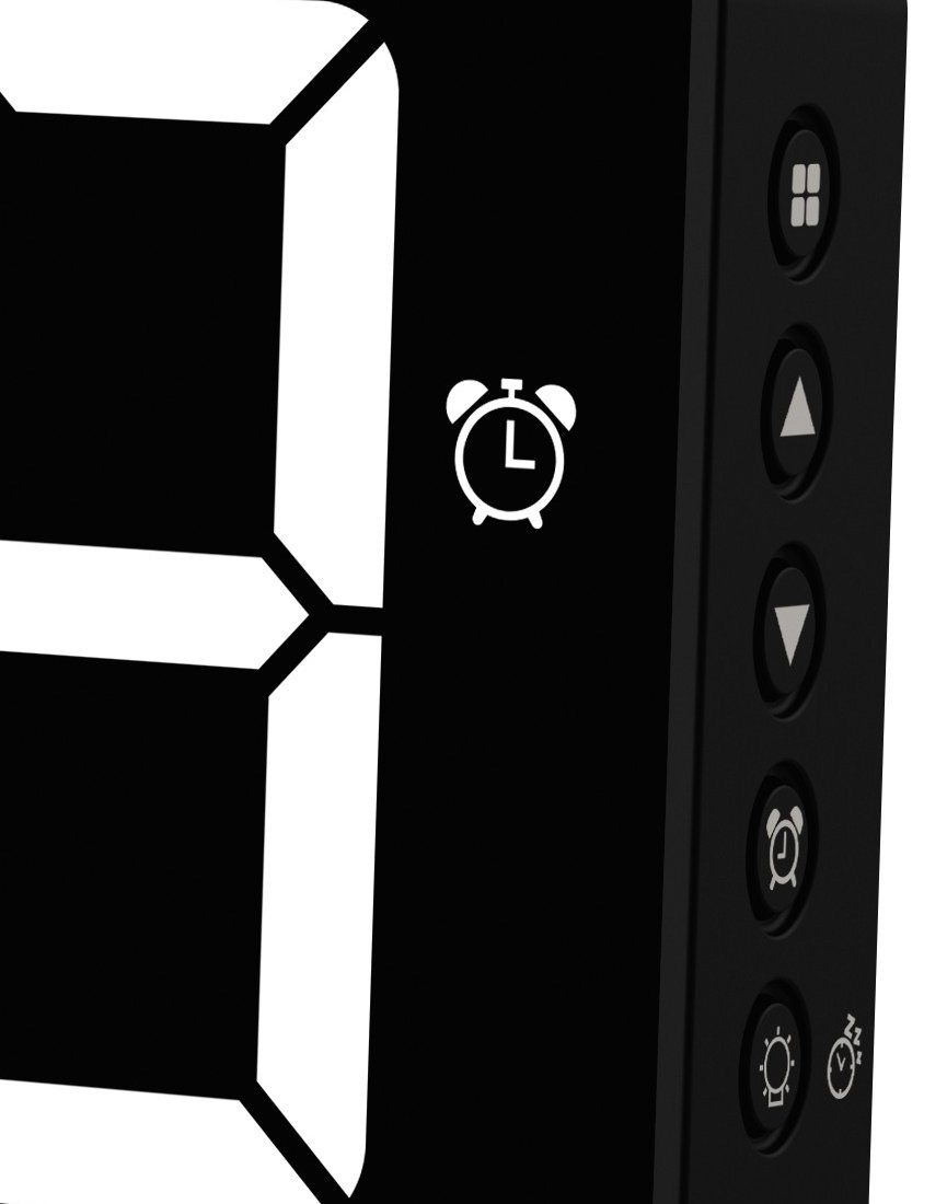 Czarny zegar cyfrowy wyświetla białą liczbę '3'. Po prawej stronie znajdują się przyciski i ikona budzika.