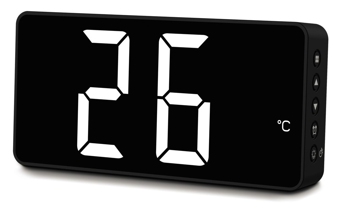 Czarny zegar cyfrowy wyświetla liczbę 26 w kolorze białym. Pokazuje również symbol stopnia Celsjusza. Z boku znajdują się przyciski.