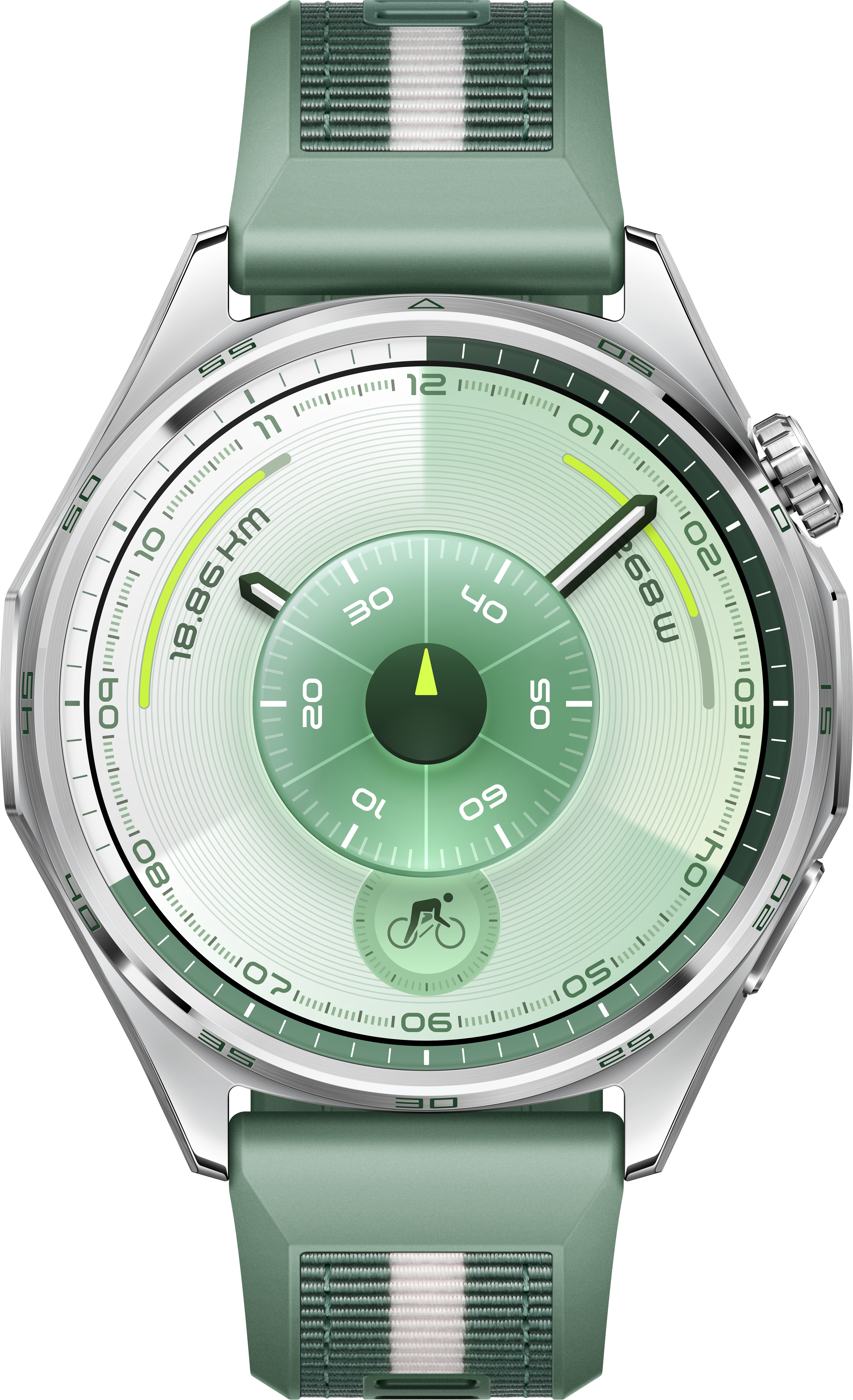 Une montre connectée verte avec un cadran rond. Elle affiche l'heure et les données d'activité. Le bracelet est également vert.