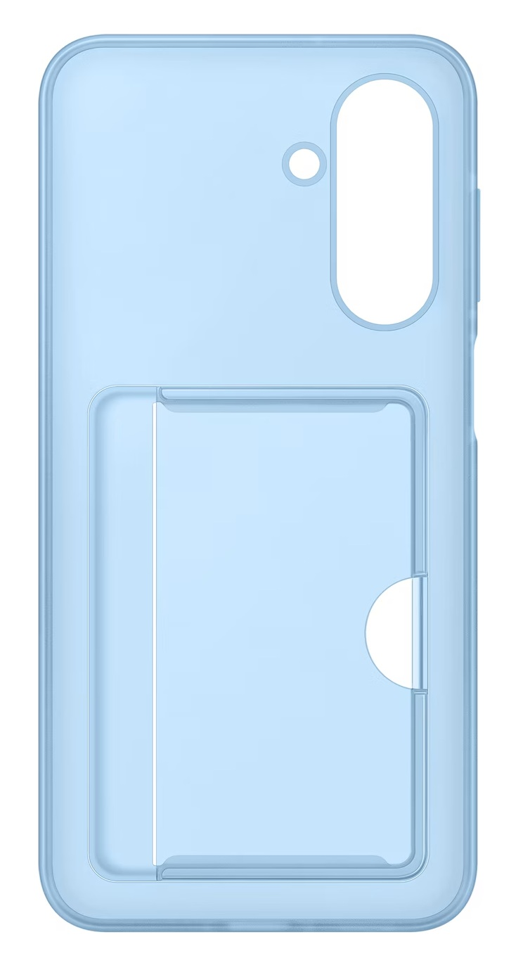 Jasnoniebieskie etui na telefon z miejscem na kartę. Posiada wycięcia na aparat i inne funkcje telefonu. Etui jest przezroczyste.