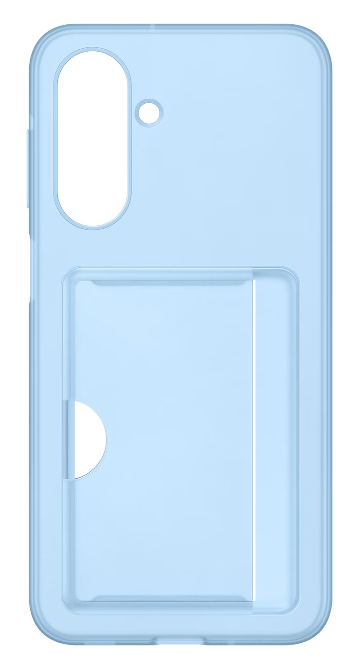 Jasnoniebieskie etui na telefon z wycięciami na aparat, przyciski i slot na kartę.