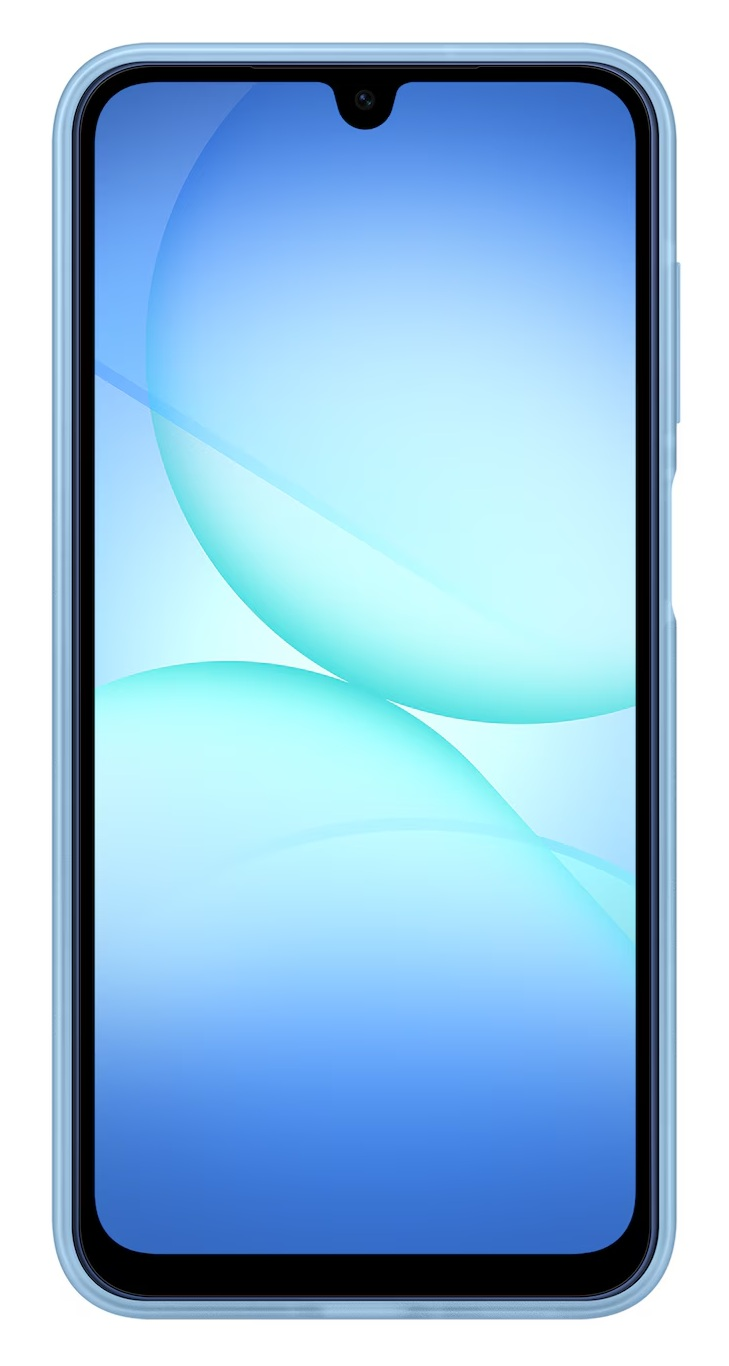 Smartfon z niebieską obudową wyświetla niebieskie gradientowe tło z abstrakcyjnymi białymi kształtami.