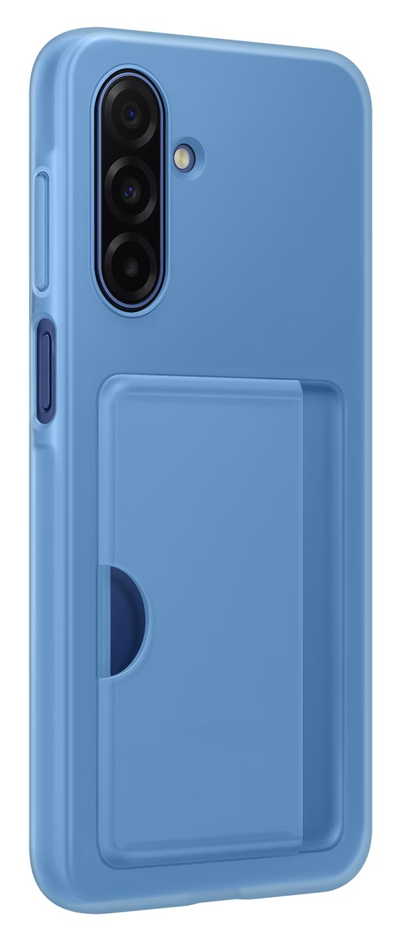 Jasnoniebieskie etui na telefon z miejscem na karty. Ma układ kamery i przycisk zasilania. Projekt jest prosty i elegancki.