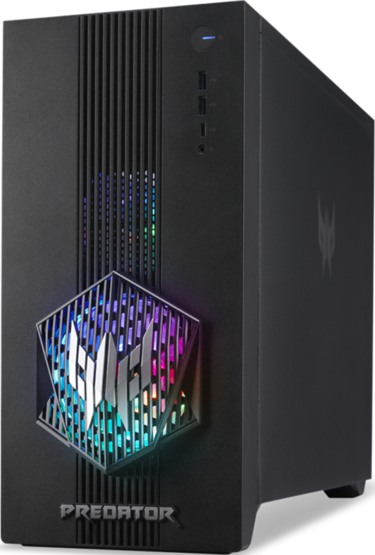 Boîtier PC Predator noir avec éclairage RVB et logo. Comprend un panneau avant avec aérations, ports USB et logo Predator latéral.