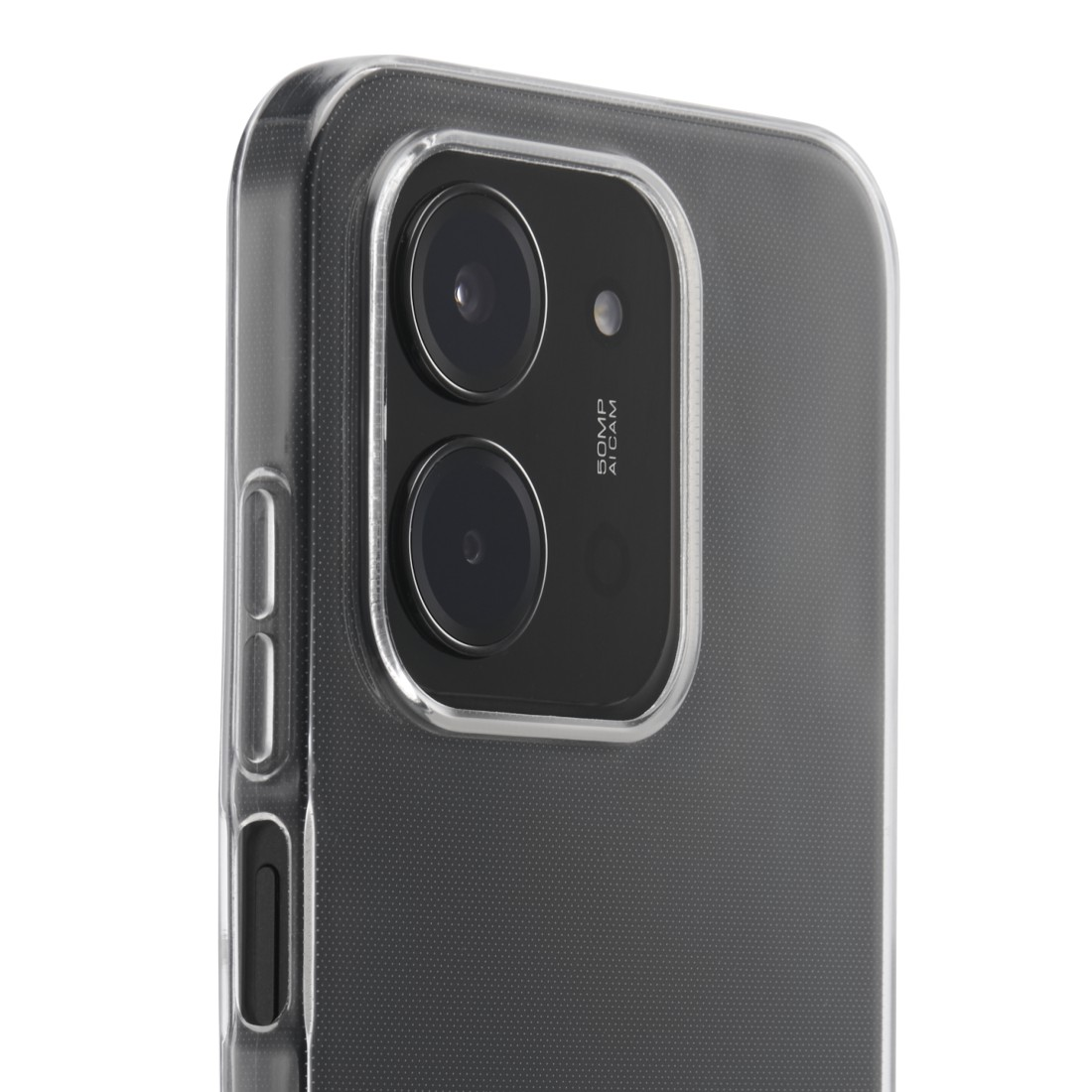 Nahaufnahme eines Telefons mit transparentem Gehäuse. Zwei Kameralinsen sind sichtbar. Das Telefon befindet sich auf weißem Hintergrund.