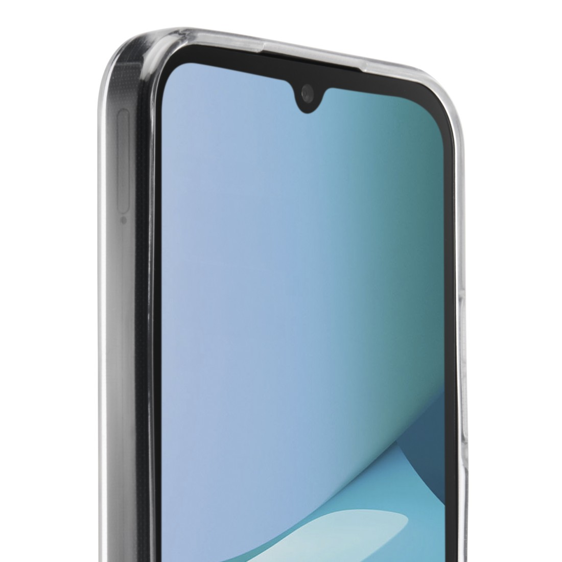 Nahaufnahme eines Smartphones mit klarer Hülle. Der Bildschirm zeigt einen blau-türkisen Farbverlauf. Die Hülle ist transparent.