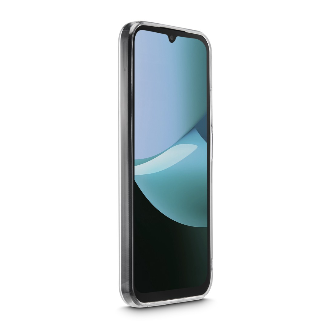 Ein Smartphone mit klarer Schutzhülle. Der Bildschirm zeigt ein blaues und türkisfarbenes abstraktes Design vor weißem Hintergrund.