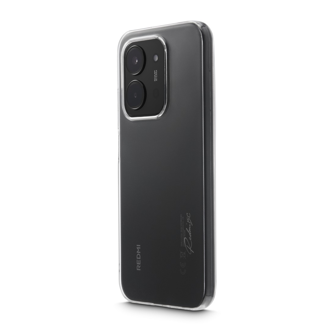 Ein schwarzes Redmi-Telefon mit einer durchsichtigen Hülle auf weißem Hintergrund. Die Hülle hat ein Logo. Zwei Kameralinsen sind sichtbar.