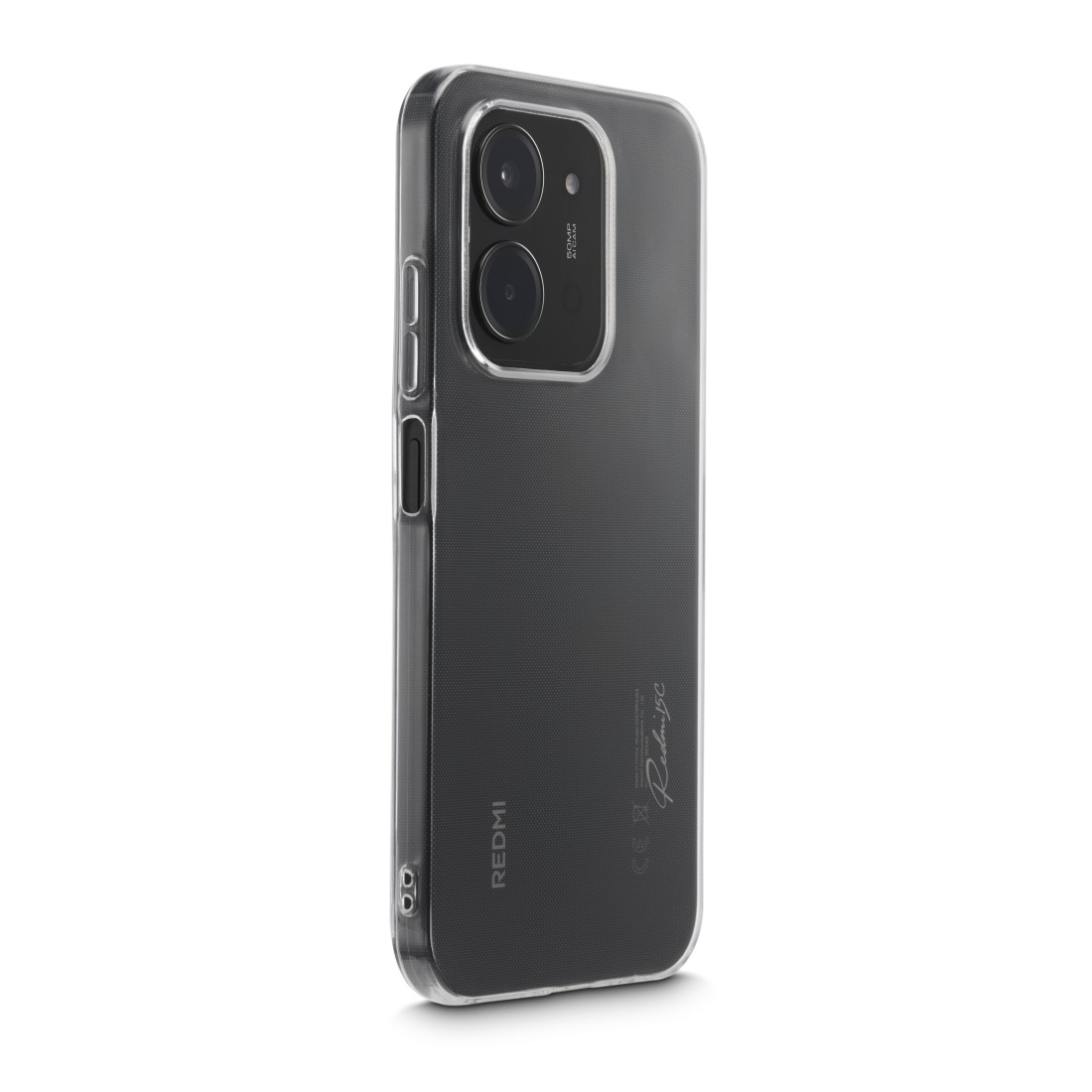 Eine transparente Handyhülle mit einem schwarzen Telefon darin. Das Telefon hat eine Dual-Kamera. Die Marke des Telefons ist Redmi.