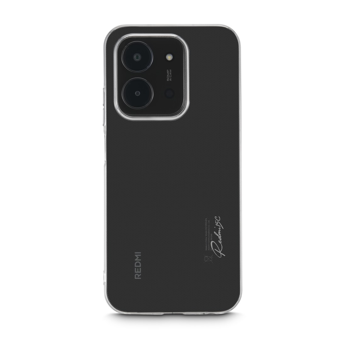Eine schwarze Redmi 13C-Handyhülle. Sie hat ein Kameramodul und den Markennamen unten. Die Hülle befindet sich auf weißem Hintergrund.