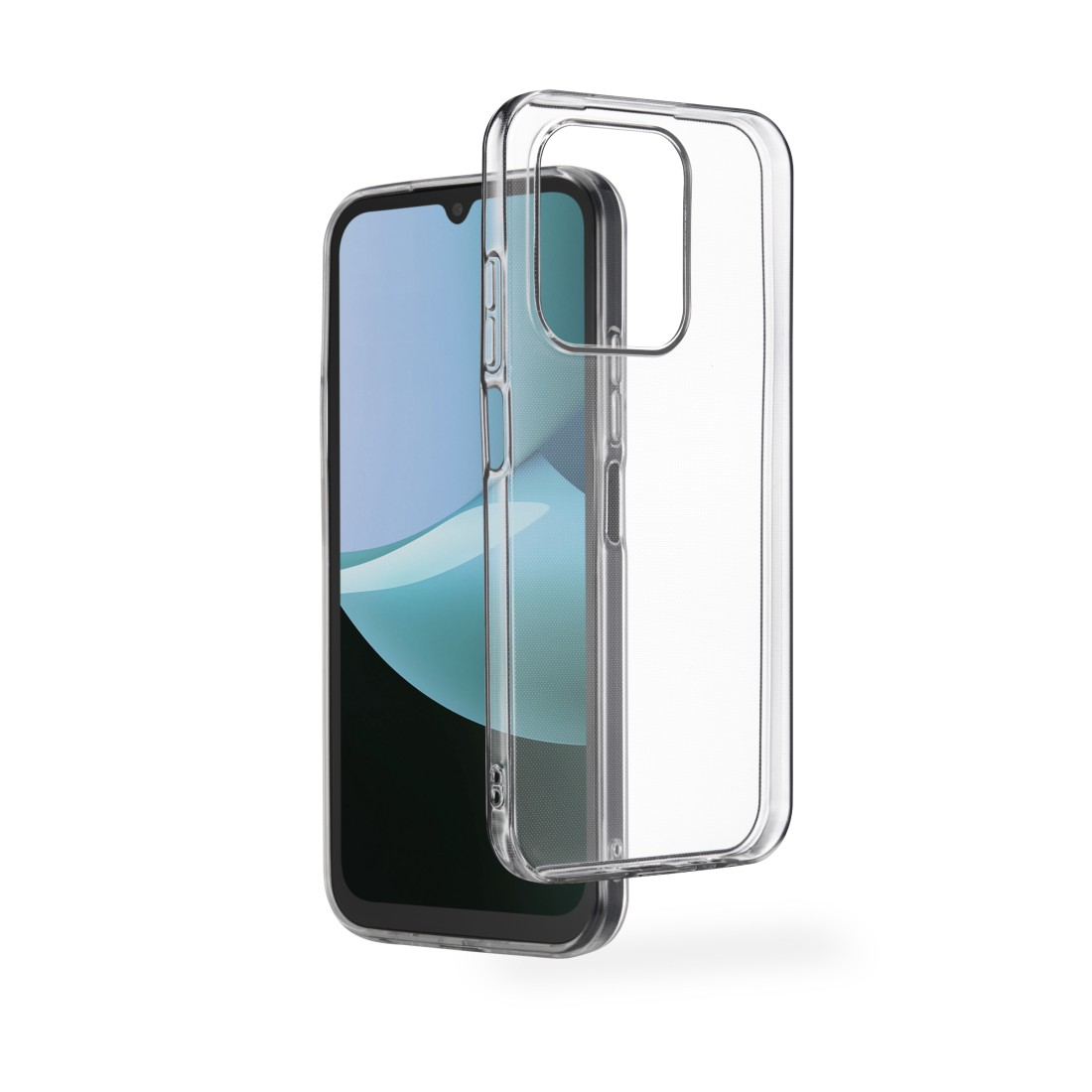 Ein Smartphone mit einer transparenten Schutzhülle. Der Telefonbildschirm zeigt ein blaues und grünes abstraktes Design vor weißem Hintergrund.