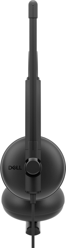 Ein schwarzes Dell-Headset mit Mikrofonarm und Kabel. Das Headset hat Ohrmuscheln und ein Kopfband. Das Dell-Logo ist sichtbar.