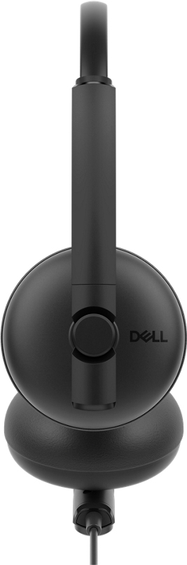 Ein schwarzes Dell-Headset mit kreisförmigem Ohrhörer und Mikrofonarm wird angezeigt. Ein Kabel erstreckt sich von der Basis.