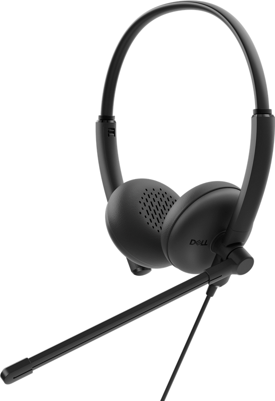 Schwarzes Dell-Headset mit Over-Ear-Muscheln, Mikrofon und Anschlusskabel. Das Headset befindet sich auf weißem Hintergrund.