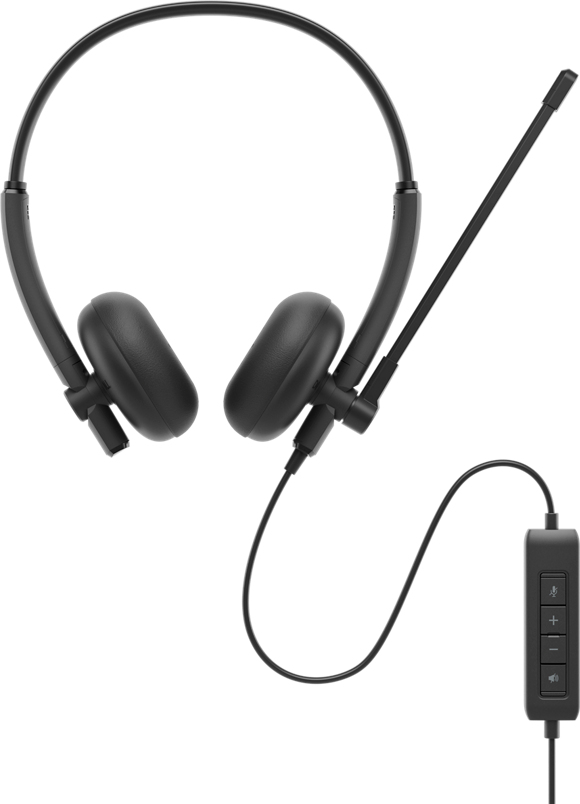 Schwarzes Headset mit Ohrmuscheln, Mikrofon und Inline-Steuerung. Es befindet sich auf weißem Hintergrund.