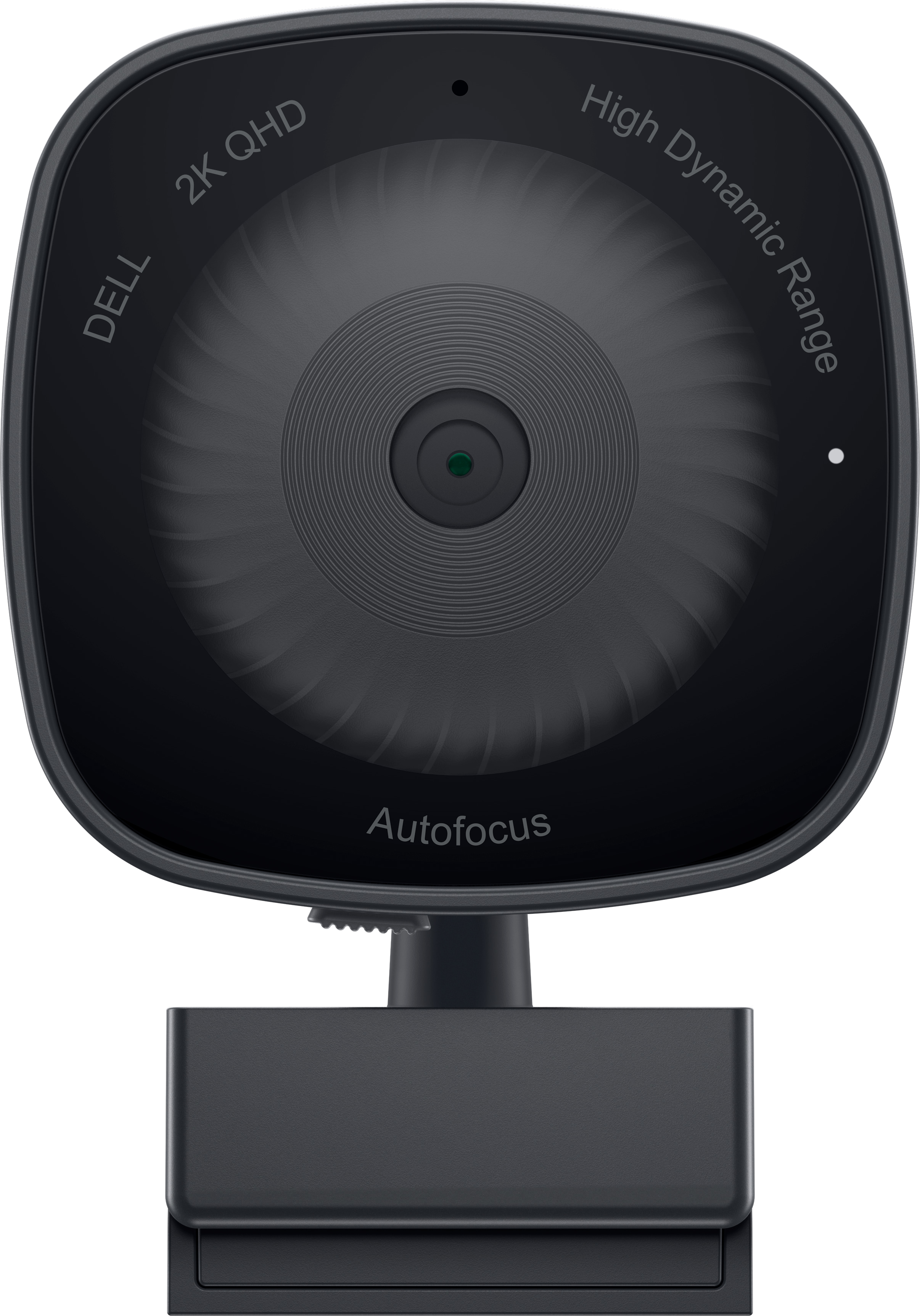 Eine schwarze Dell-Webcam. Sie trägt die Aufschriften '2K QHD', 'High Dynamic Range' und 'Autofocus'.