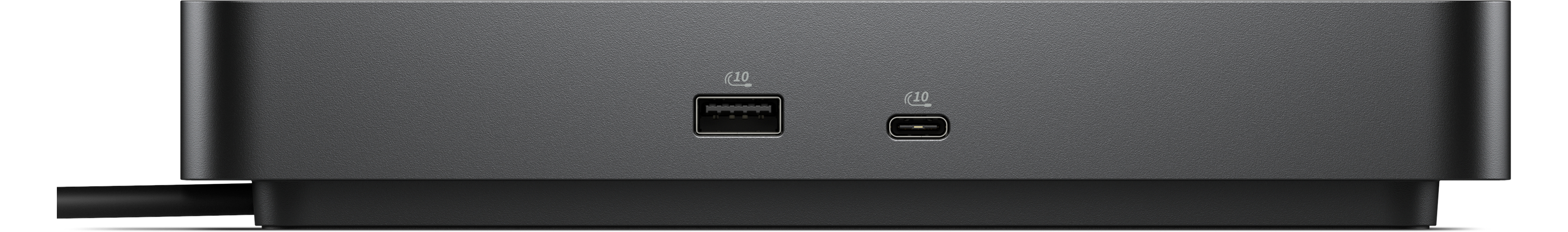 Eine dunkelgraue Dockingstation mit USB- und USB-C-Anschlüssen. Sie hat einen schwarzen Sockel und ein Kabel.