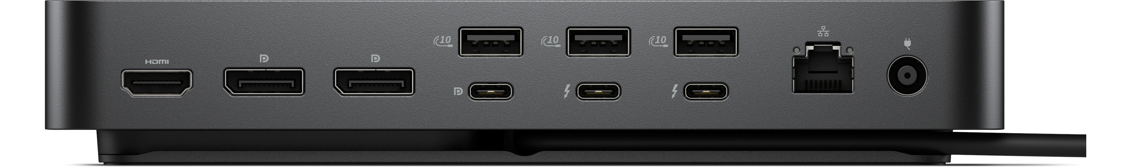 Eine schwarze Dockingstation mit verschiedenen Anschlüssen, darunter HDMI, USB und Ethernet. Sie hat ein schlankes, modernes Design.
