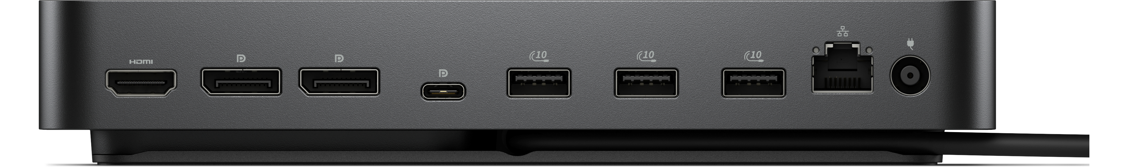 Schwarze Dockingstation mit verschiedenen Anschlüssen: HDMI, DisplayPort, USB-C, USB, Ethernet und Stromeingang.