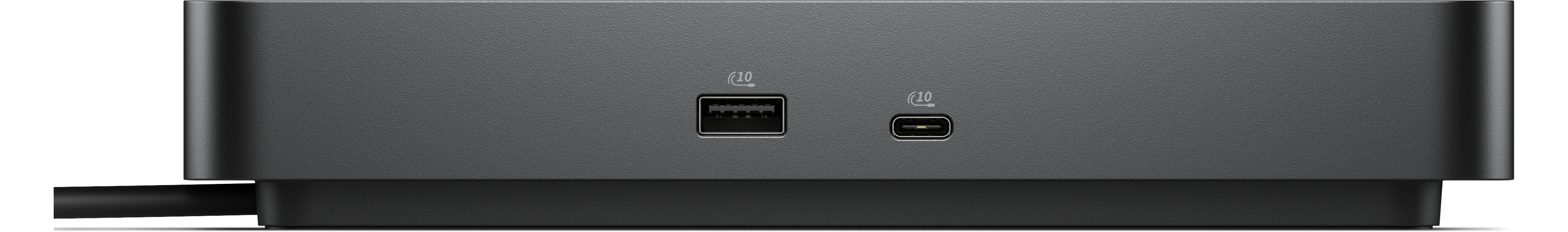 Ein schwarzes Gerät mit zwei USB-Anschlüssen und einem schwarzen Kabel. Das Gerät hat eine strukturierte Oberfläche.