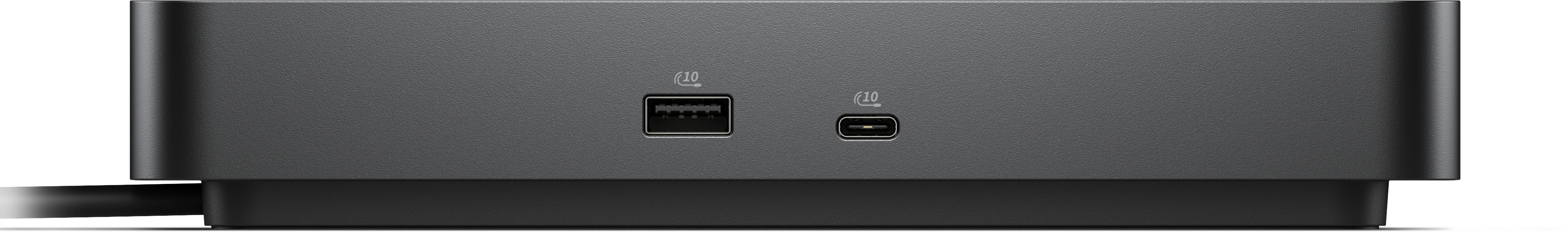 Eine schwarze Dockingstation mit USB- und USB-C-Anschlüssen. Die Oberseite ist strukturiert.