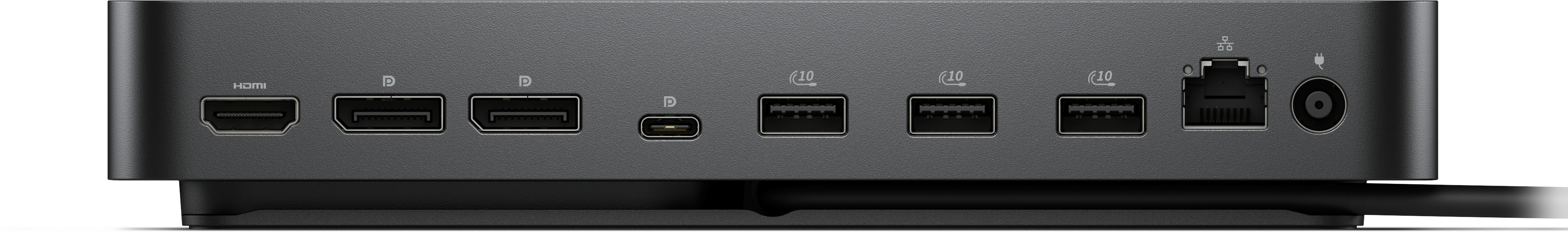 Eine schwarze Dockingstation mit verschiedenen Anschlüssen: HDMI, DisplayPort, USB-C, USB 3.0, Ethernet und Stromeingang.
