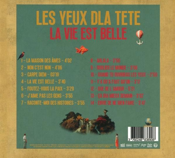 Albumcover. Titel: Les Yeux DLa Tete, La Vie Est Belle. Enthält Titelliste, Vogel, Fisch, Szene, Ballon und zwei Personen.