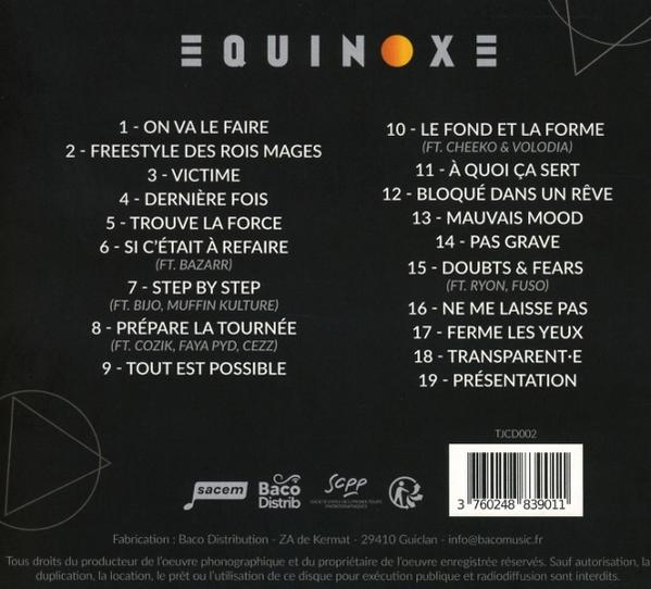 CD-Cover mit Trackliste eines Albums namens Equinoxe. Das Cover ist schwarz mit weißem Text. Unten befinden sich Logos.