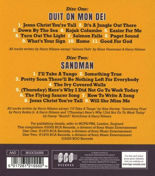 Albumcover mit Titellisten in Orange und Schwarz. Listet die Alben 'Duit on Mon Dei' und 'Sandman' mit Songtiteln und Credits.