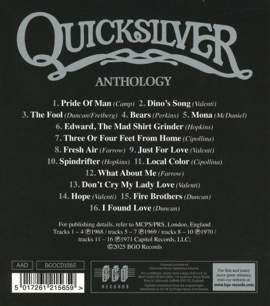 CD-Cover mit dem Bandnamen Quicksilver und einer Anthologie-Titelliste. Der Hintergrund ist schwarz.