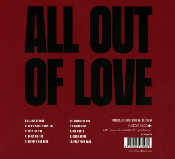 Albumcover mit dem Titel 'ALL OUT OF LOVE' in fetten schwarzen Buchstaben auf rotem Hintergrund. Songtitel und Credits sind ebenfalls aufgeführt.