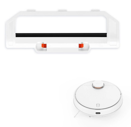 Biały odkurzacz automatyczny i jego zespół szczotek. Odkurzacz jest okrągły, a zespół szczotek prostokątny z pomarańczowymi akcentami.