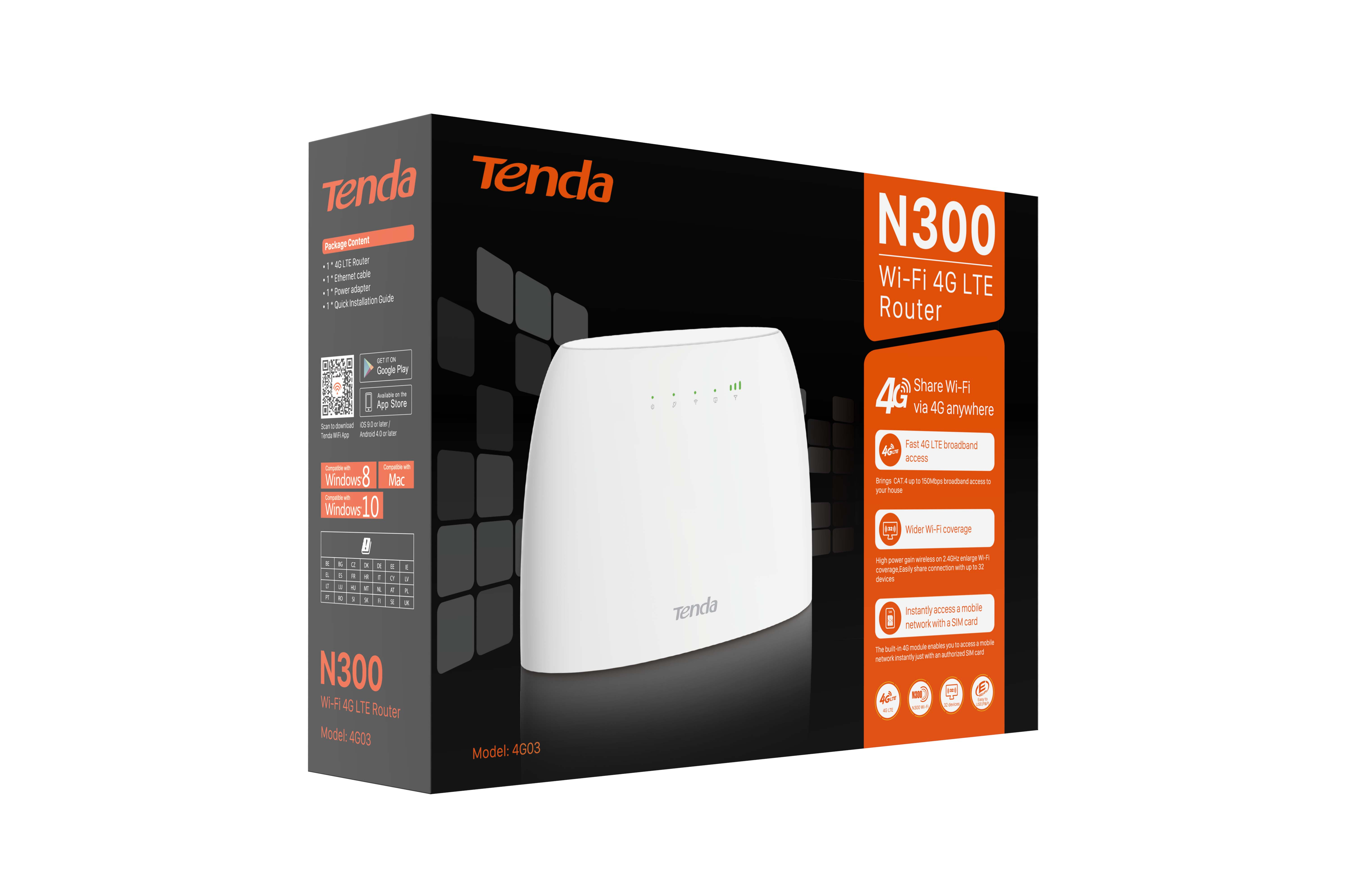 Tenda N300 Wi-Fi 4G LTE Router kutusu. Beyaz bir yönlendirici görüntüsü ve özellikleri hakkında metin var.