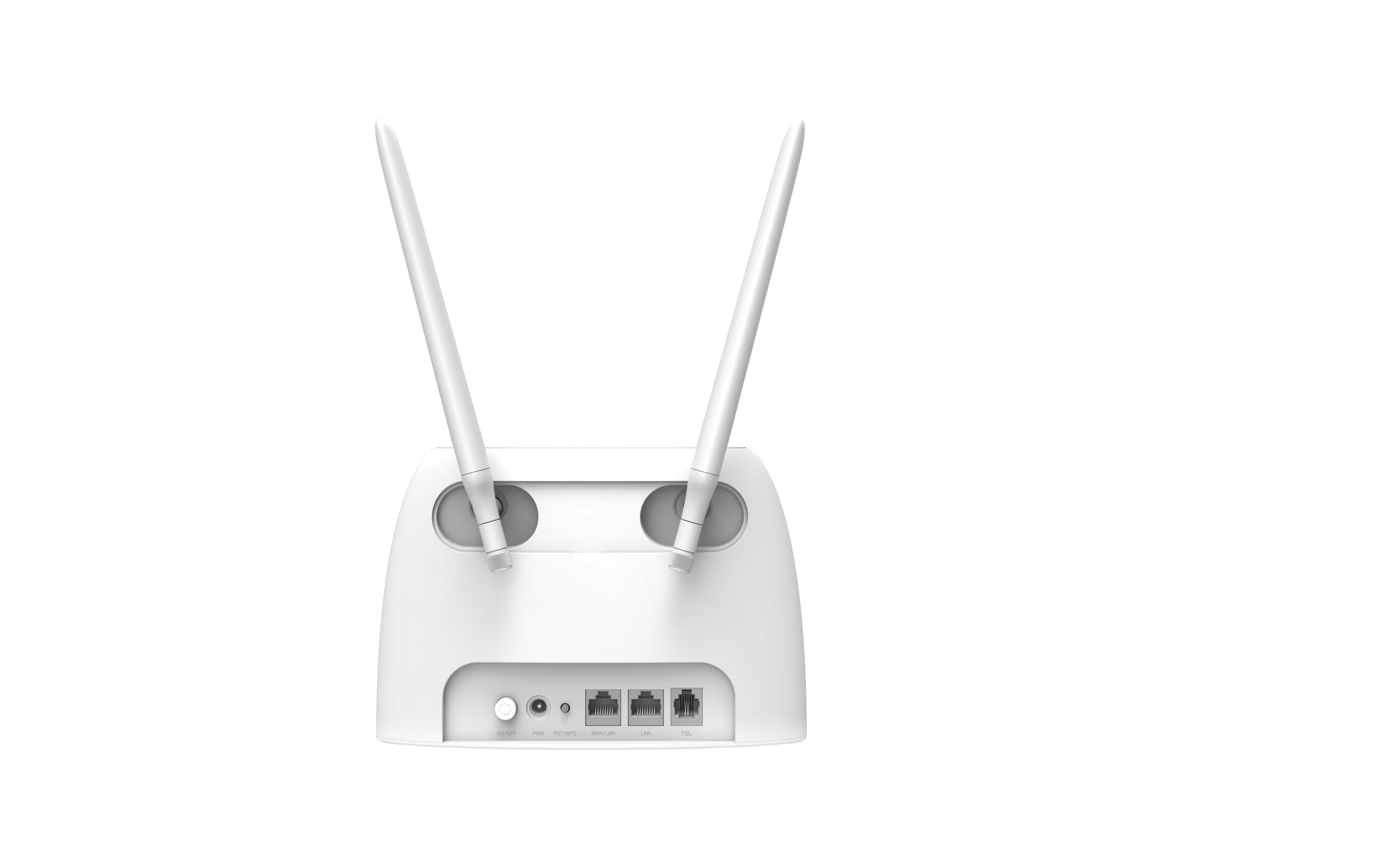 İki antenli beyaz bir yönlendirici. İnternet ve telefon bağlantı noktaları ve bir güç düğmesi vardır. Arka plan beyazdır.