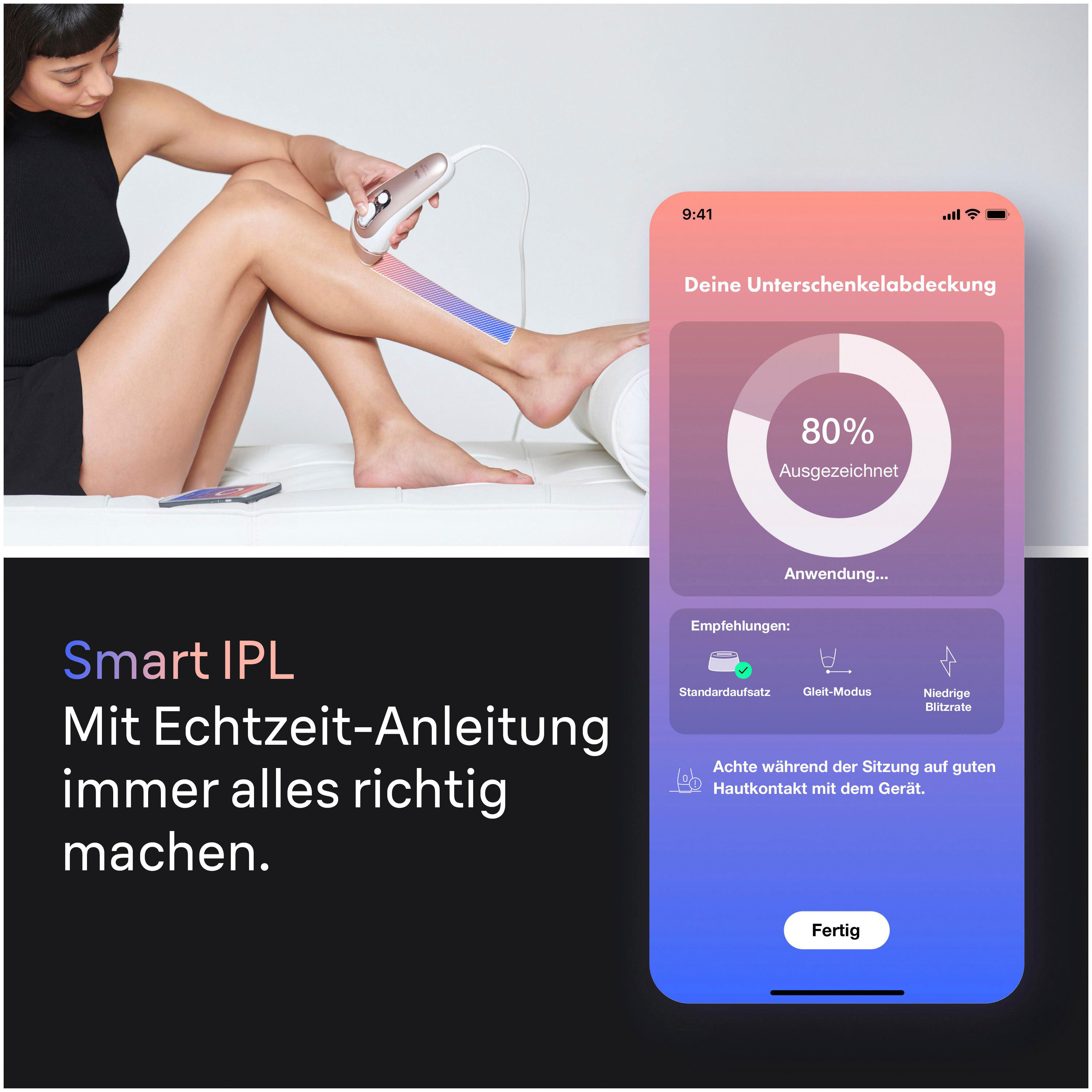 Frau verwendet IPL-Gerät am Bein, Telefon zeigt Fortschritt. Text: Smart IPL mit Echtzeit-Anleitung.