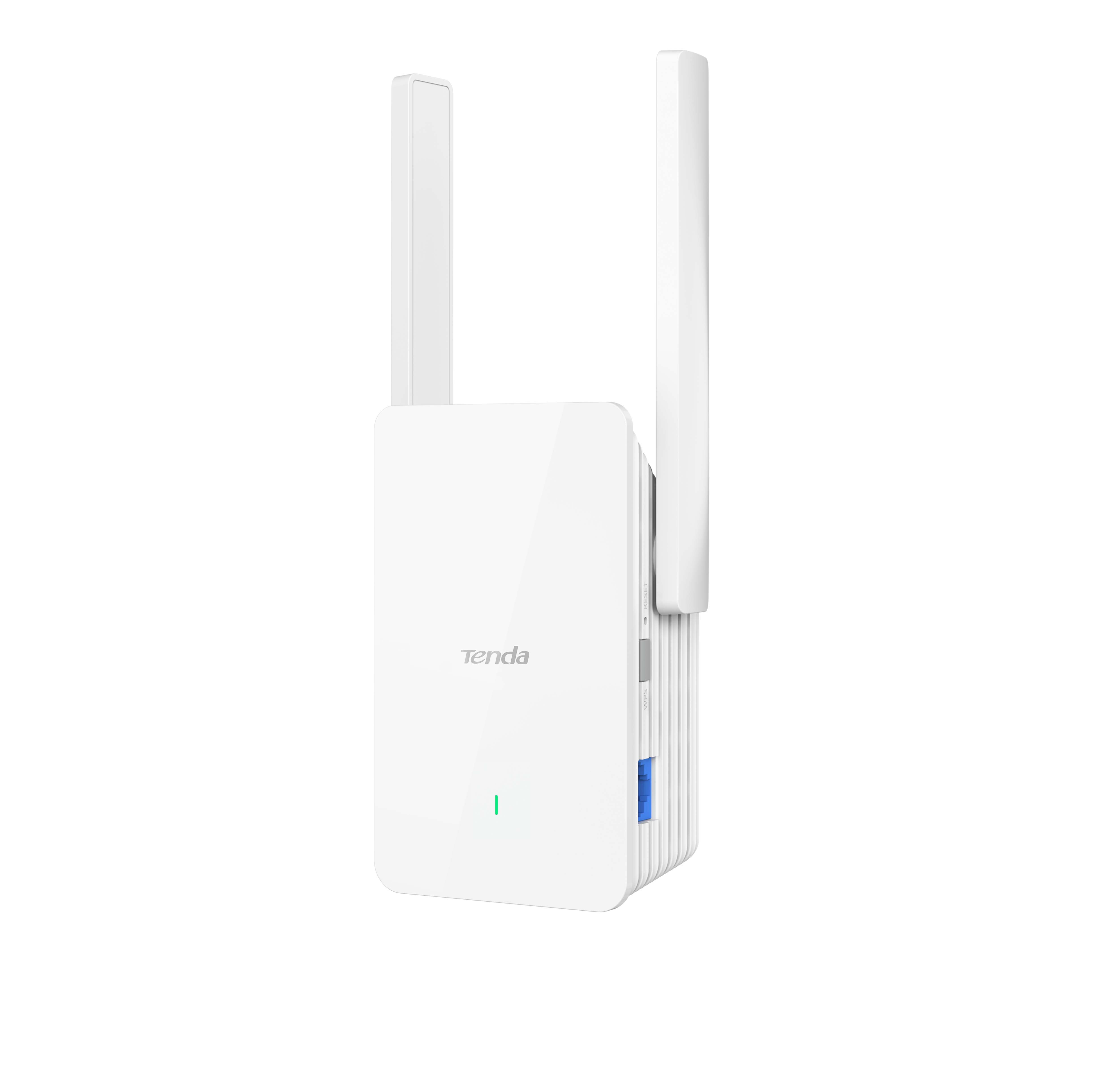 İki antenli beyaz Tenda Wi-Fi menzil genişletici. Mavi bir bağlantı noktası ve yeşil bir LED göstergesi var.