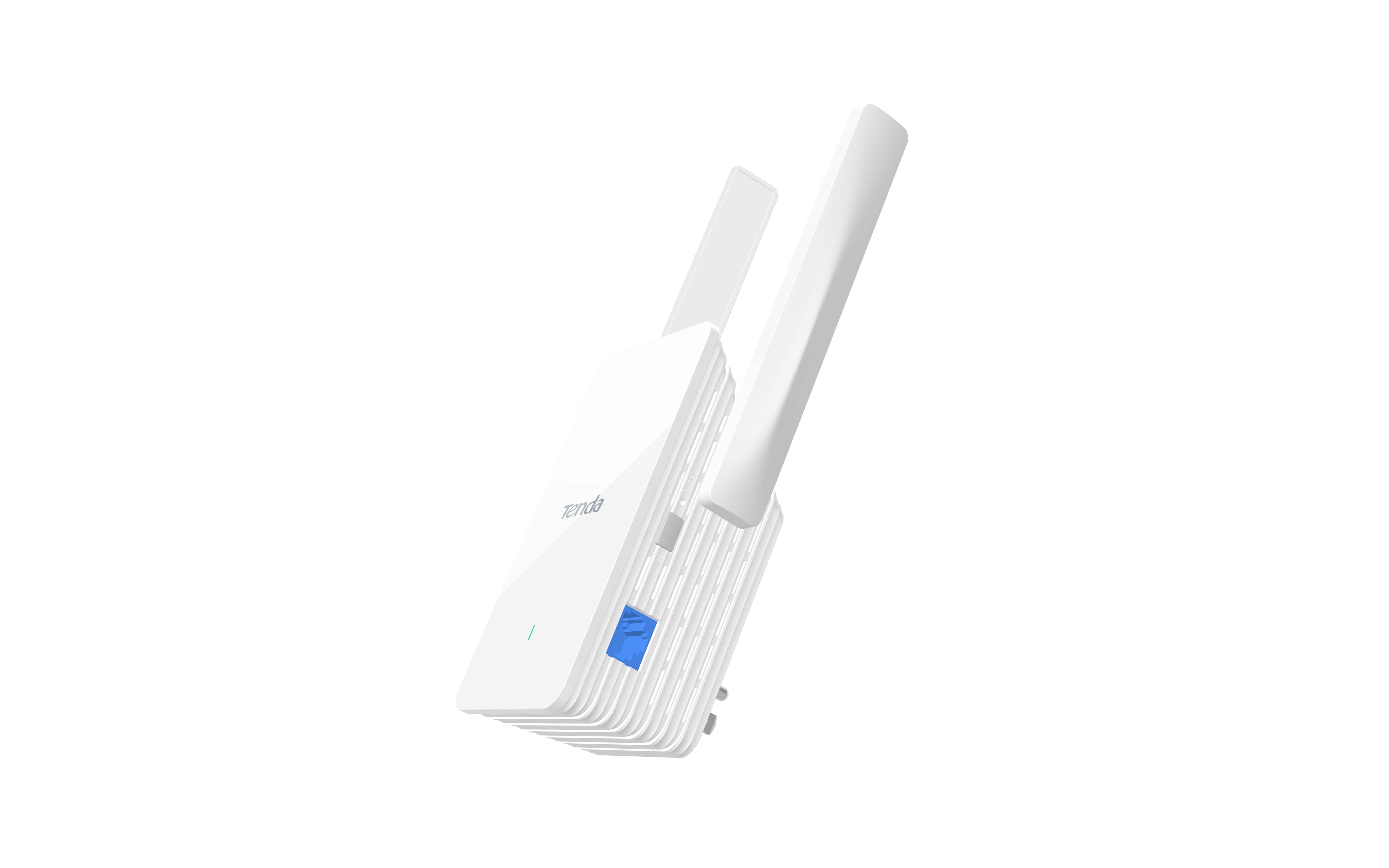 İki antenli beyaz bir Tenda WiFi genişletici. Mavi bir bağlantı noktası ve yeşil bir gösterge ışığı var.