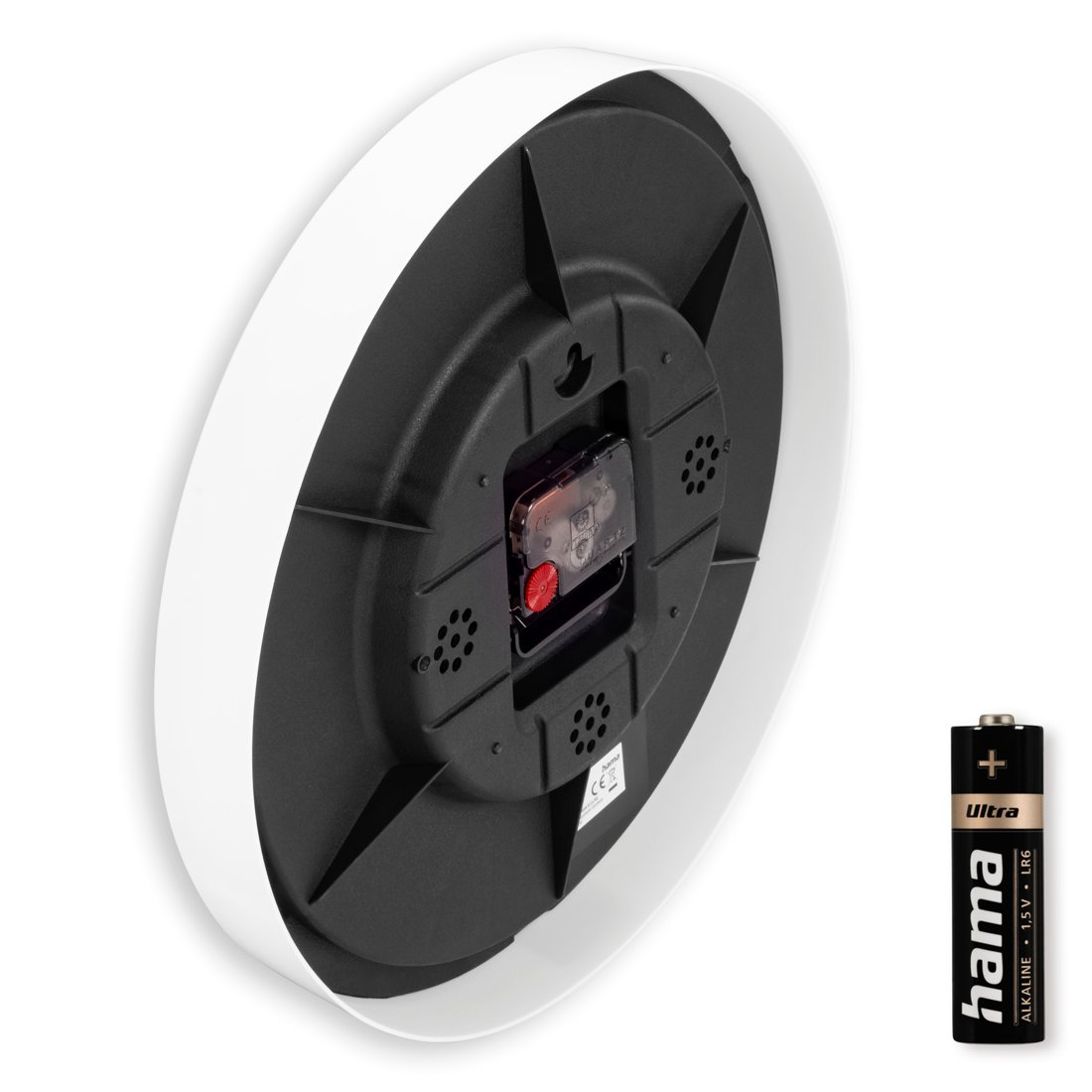 Tył białego zegara z czarnym wnętrzem i baterią. Zegar ma białą obręcz i czerwony element. Bateria 'hama' jest z boku.