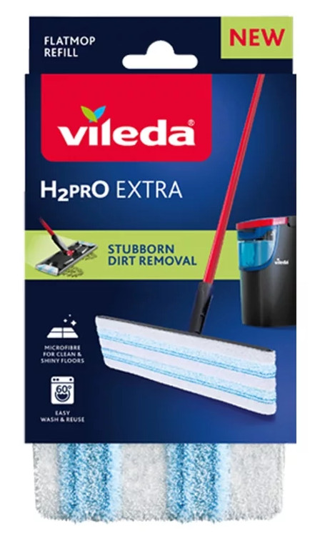Opakowanie uzupełniające do mopa płaskiego Vileda H2Pro Extra. Pokazuje mopa z czerwonym uchwytem, ​​podkładką i wiaderkiem.