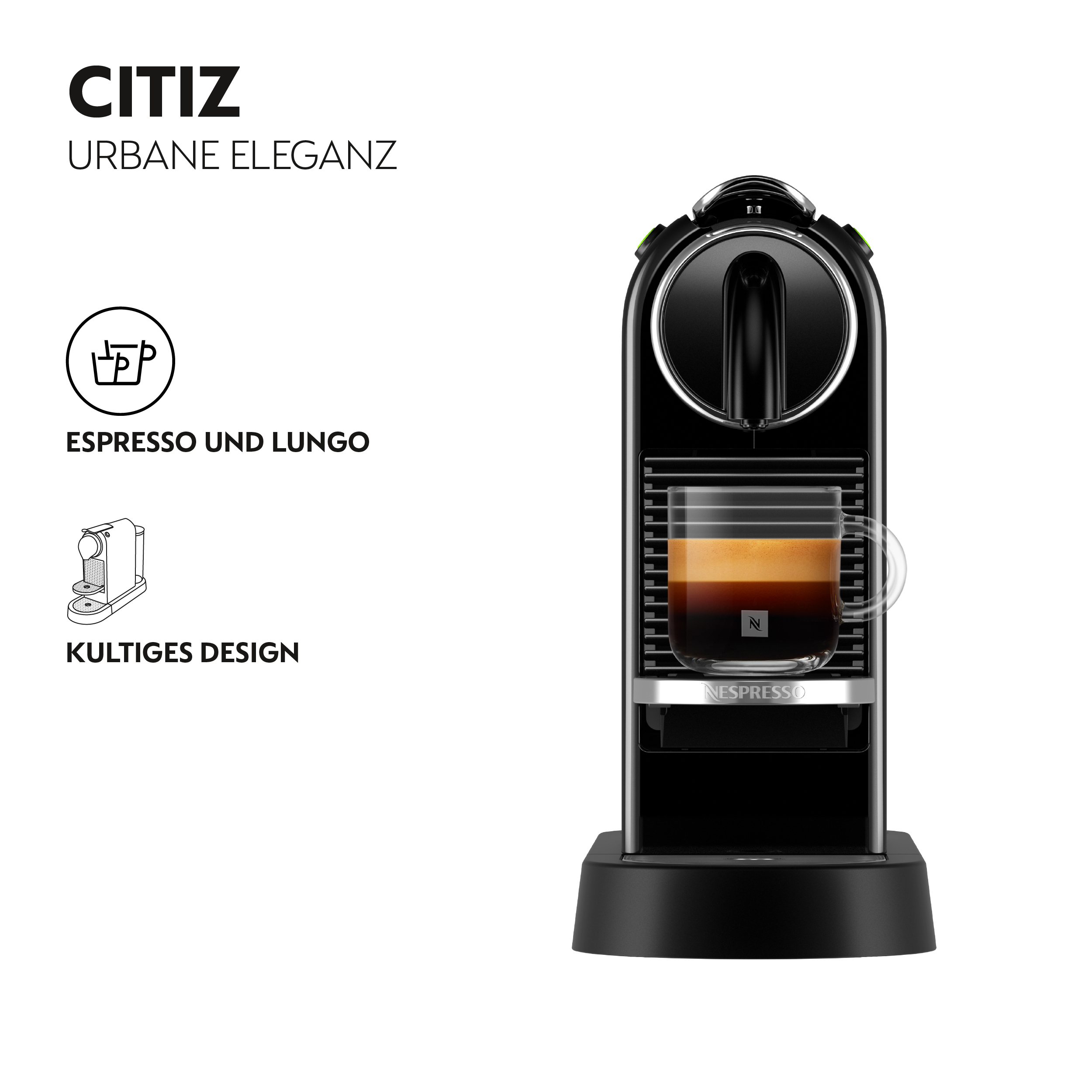 Schwarze Nespresso Citiz Kaffeemaschine mit einem Glas Espresso. Text: Citiz Urbane Eleganz, Espresso und Lungo, Kultiges Design.