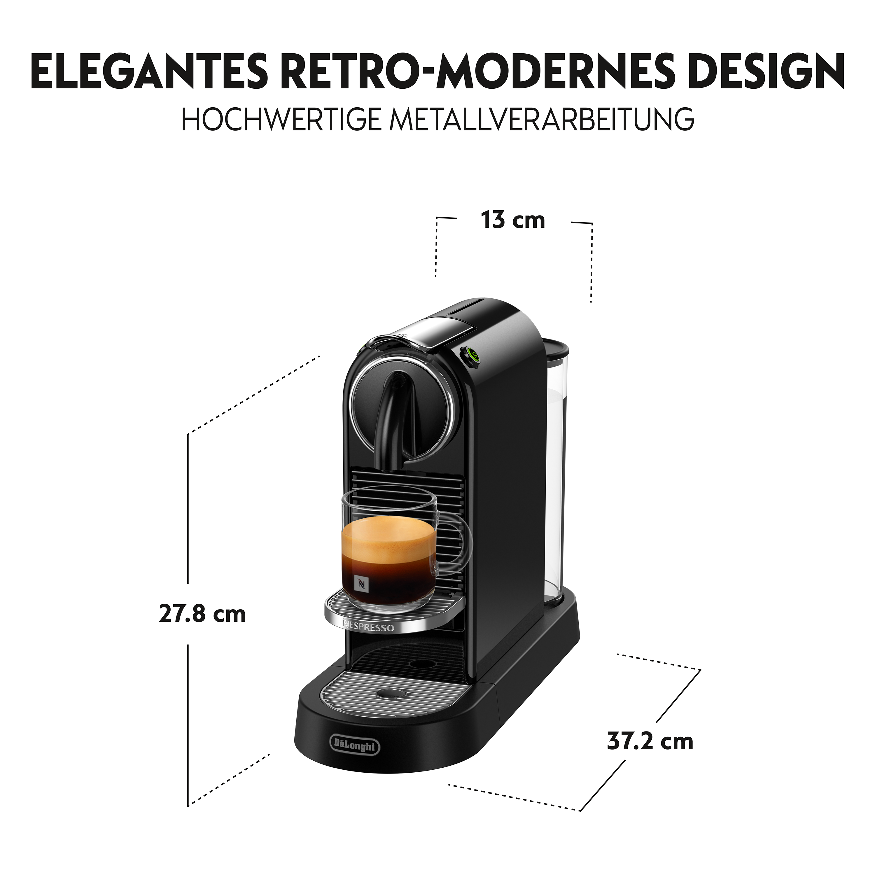 Eine schwarze Nespresso-Maschine mit einem Glas Kaffee, Abmessungen sind angegeben. Text oben: Retro-Modernes Design.